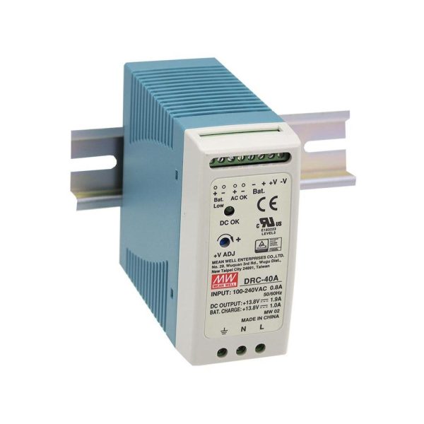 DRC-40A - Fonte Chaveada DIN 40W 90-264VCA/127-370VCC Saída 13.8VCC-1.9A/1A - MEAN WELL