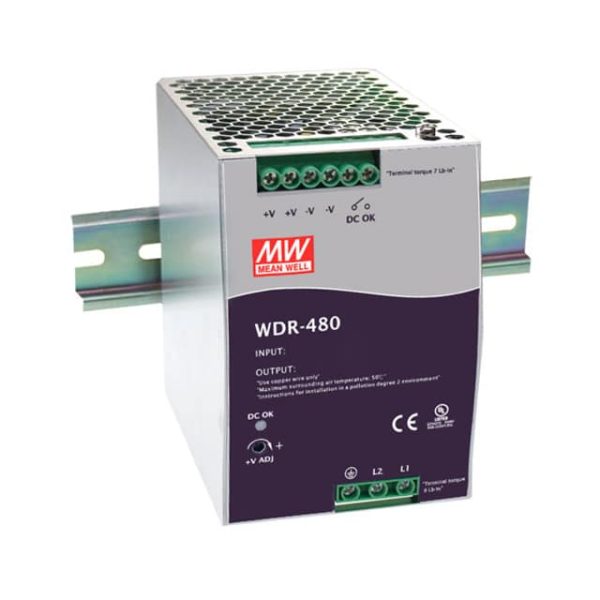 WDR-480-24 - Fonte Chaveada DIN 480W 180-550VCA/254-780VCC Saída 24V-20A - MEAN WELL