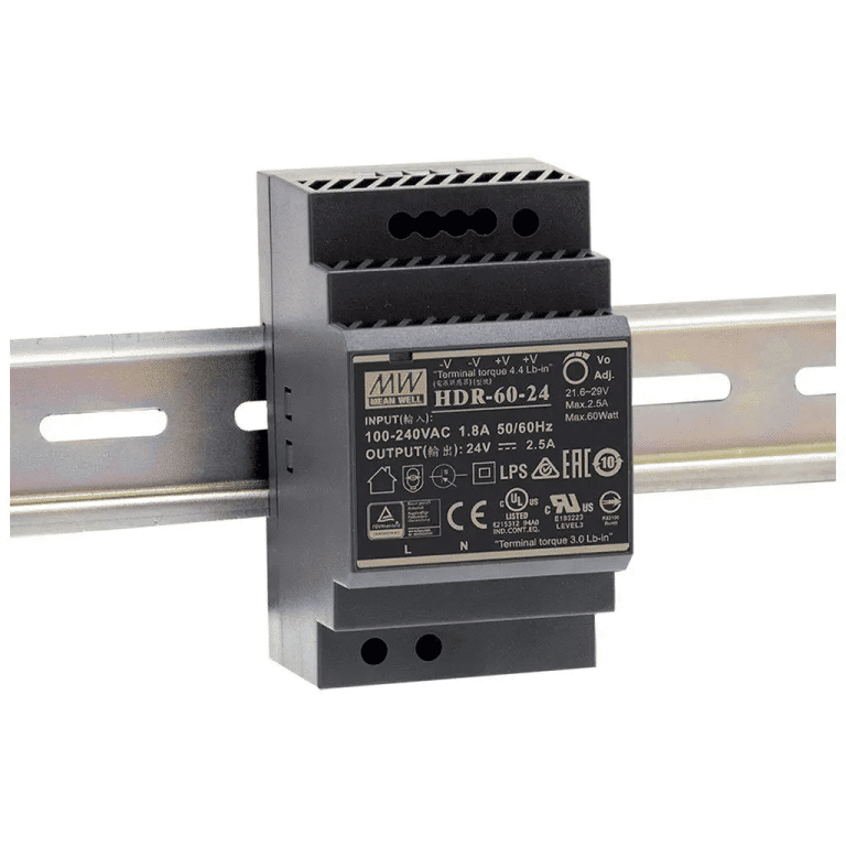 HDR-60-12 – Fonte Chaveada DIN 54W 85-264VCA/120-370VCC Saída 12VCC-4.5A – MEAN WELL