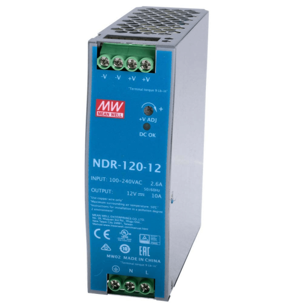 NDR-120-12 - Fonte Chaveada DIN 120W 90-264VCA/127-370VCC Saída 12VCC/10A - MEAN WELL
