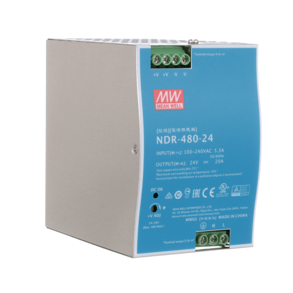 NDR-480-24 - Fonte Chaveada DIN 480W 90-264VCA/127-370VCC Saída 24VCC-20A - MEAN WELL