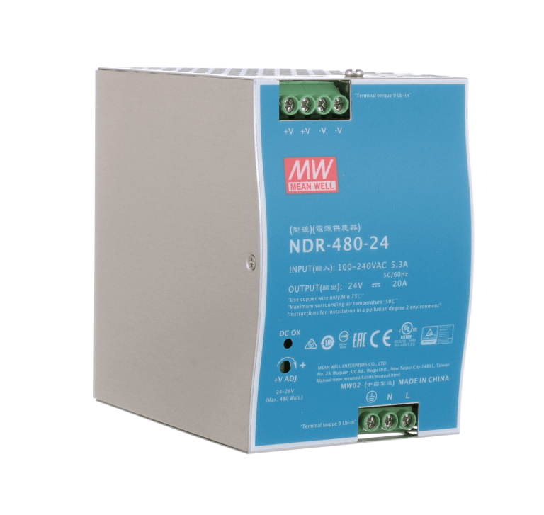 NDR-480-24 – Fonte Chaveada DIN 480W 90-264VCA/127-370VCC Saída 24VCC-20A – MEAN WELL