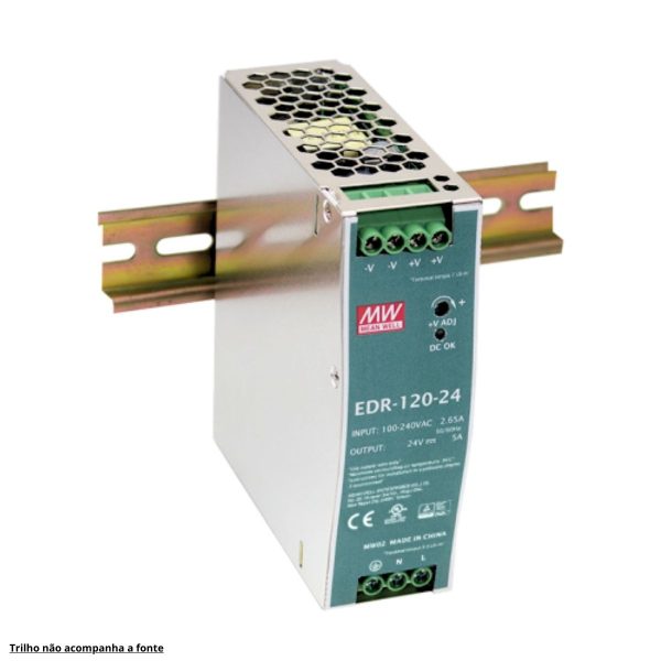 EDR-120-24 - Fonte Chaveada DIN 120W 90-264VCA/127-370VCC Saída 24VCC-5A - MEAN WELL