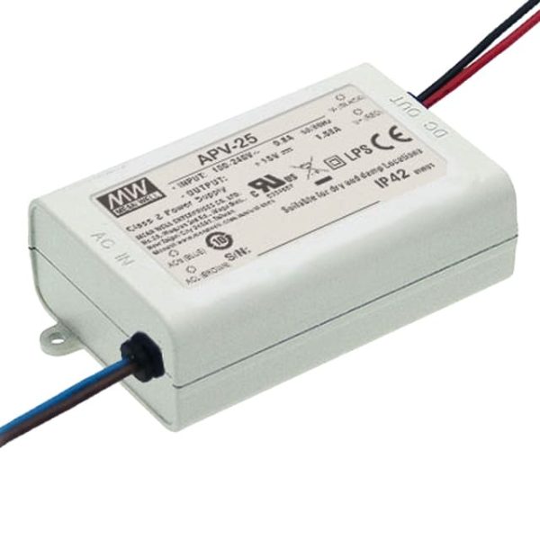 APV-25-15 - Driver LED 25W 90-264VCA/127-370VCC Saída 15V 1,68A - MEAN WELL