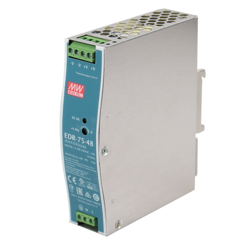 EDR-75-48 – Fonte Chaveada DIN 75W 90-264VCA/127-370VCC Saída 48VCC-1.6A – MEAN WELL