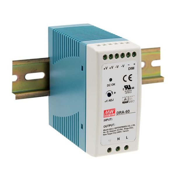 DRA-60-12 - Fonte Chaveada DIN 60W 90-264VCA/127-370VCC Saída 12V-5A - MEAN WELL