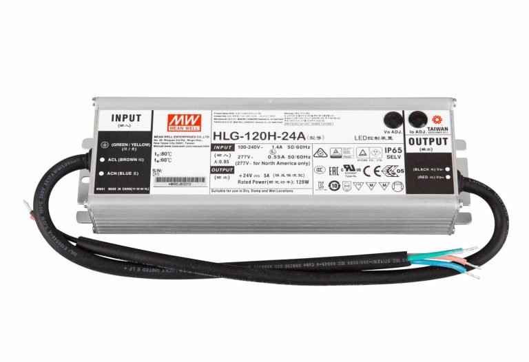 HLG-120H-24A – Fonte Chaveada p/ LED 120W 90-305VCA/127-431VCC Saída 24VCC/5A – MEAN WELL