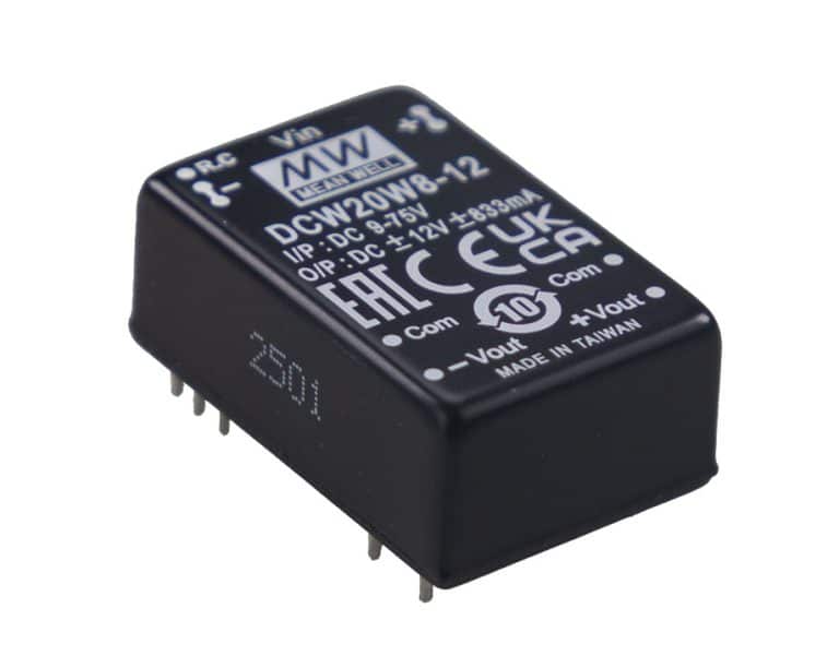 DCW20W8-12 – Conversor CC/CC Módulo 20W 9-75VCC Saída ±12VCC/0.833A – MEAN WELL
