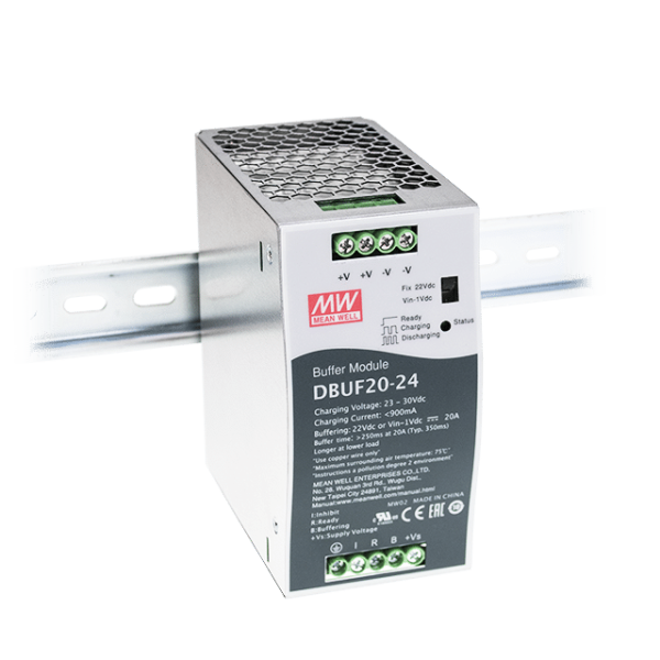 DBUF20-24 – Módulo Buffer DC 24V 20A p/ Backup 22–29VCC Trilho DIN – MEAN WELL