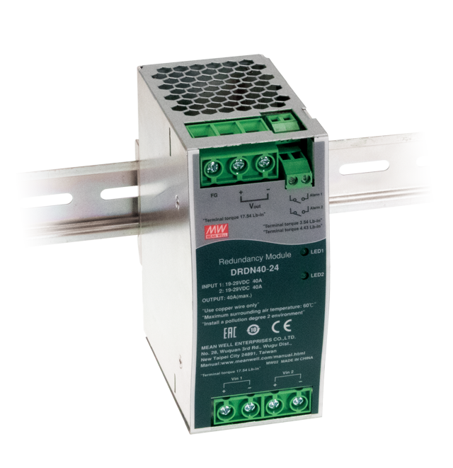 DRDN40-24 – Módulo de Redundância 19-29VCC Saída 24VCC-0-40A per input – MEAN WELL